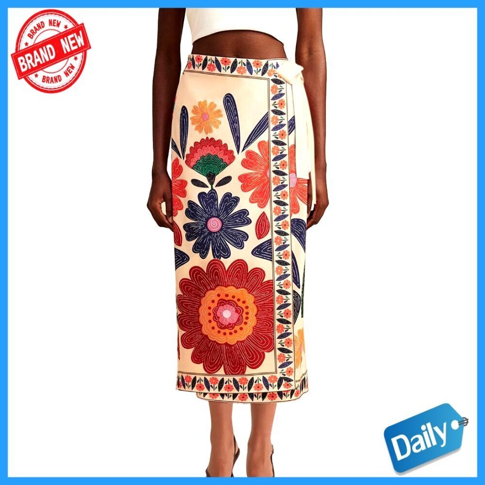 Floral Wrap Midi Skirt Adjustable Tie Side High Waist A Line Boho